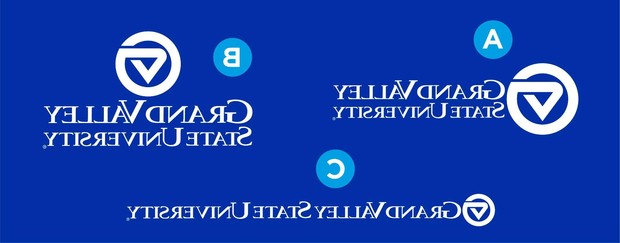 Three Grand Valley logos: one markleft, one marktop, one single-line. The letter "A" is next to the markleft logo, "B" is next to the marktop logo, and "C" is next to the single-line logo.